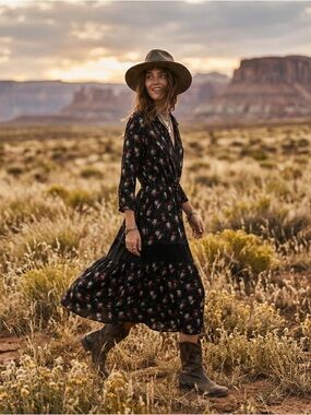 Gerard Darel Black Floral Midi Dress | FR 46 / 10